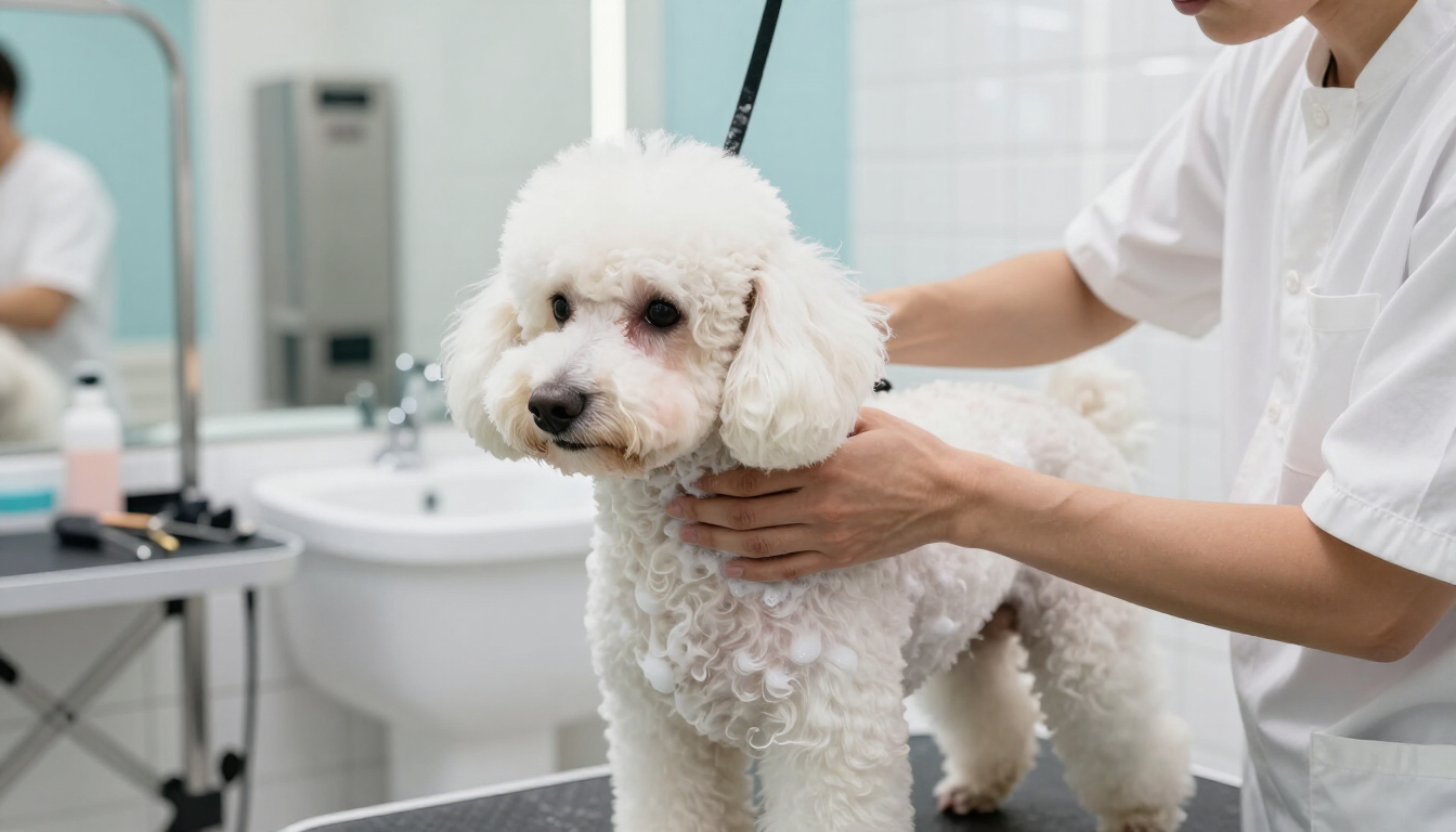 Un caniche blanco está siendo acicalado en una clínica veterinaria, sostenido por una persona con bata blanca.