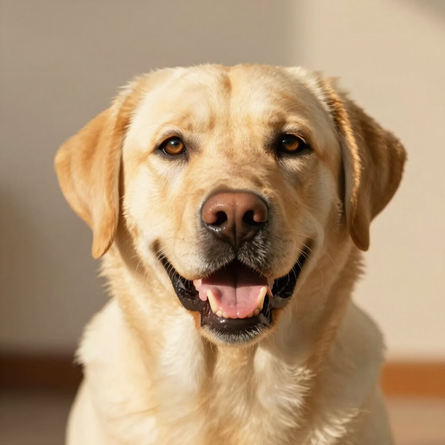 Un labrador retriever dorado sonriendo sobre un fondo beige suave.