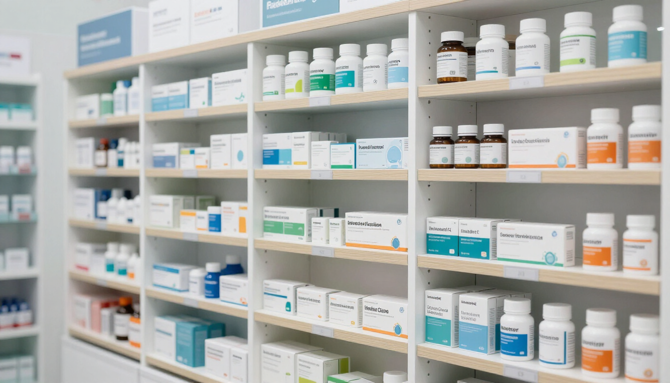 Estantes repletos de frascos y cajas de medicamentos de diversos tipos en un pasillo de farmacia.