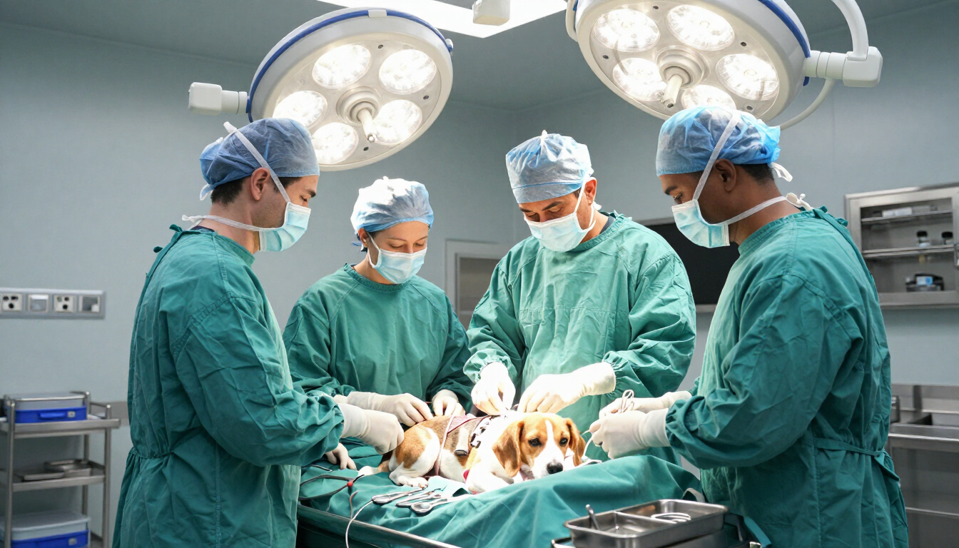 Veterinarios realizando una cirugía a un perro pequeño en un quirófano bajo luces quirúrgicas brillantes.