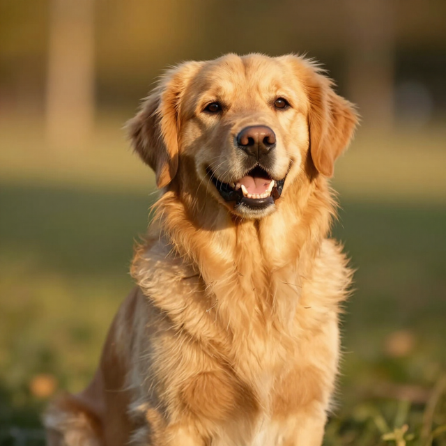 Un golden retriever sentado en la hierba, sonriendo bajo la cálida luz del sol.