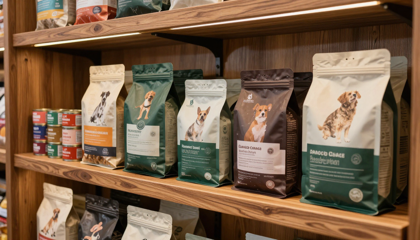 Estanterías de madera forradas con bolsas de comida para mascotas y productos enlatados surtidos en un escaparate.