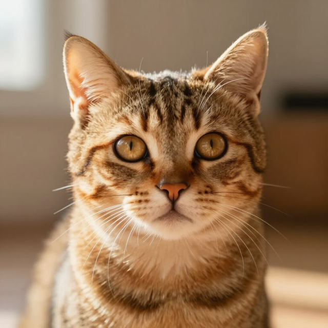 Gato atigrado sentado en el interior, mirando hacia adelante con ojos ámbar alerta y pelaje marrón rayado.