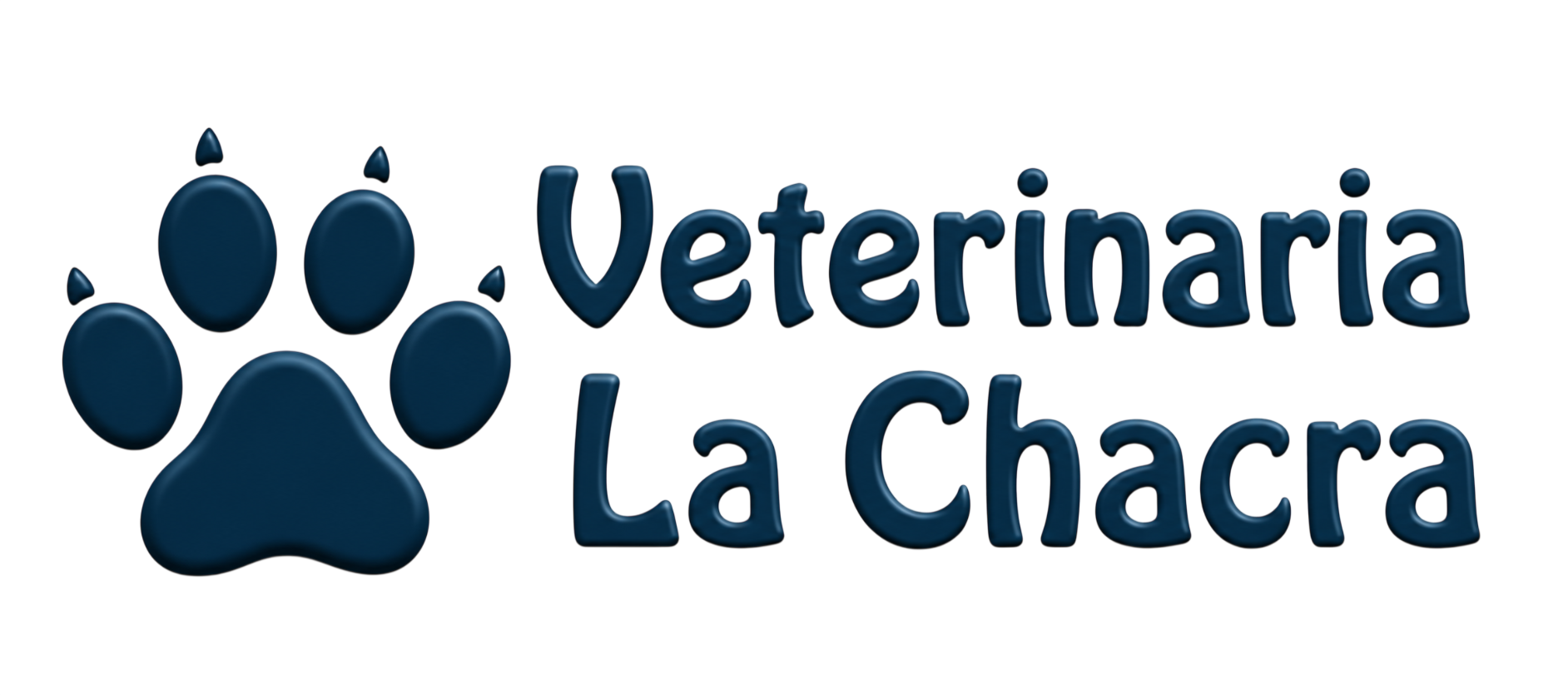 Logotipo de Veterinaria La Chacra con un icono de huella de pata azul y texto azul marino.