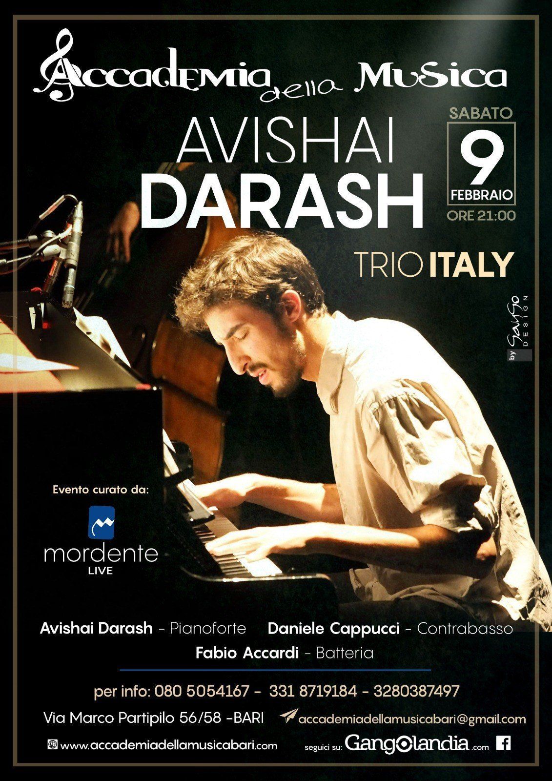 Manifesto del concerto jazz: Avishai Darash Trio Italia, in concerto all'Accademia della Musica sabato 9 settembre.