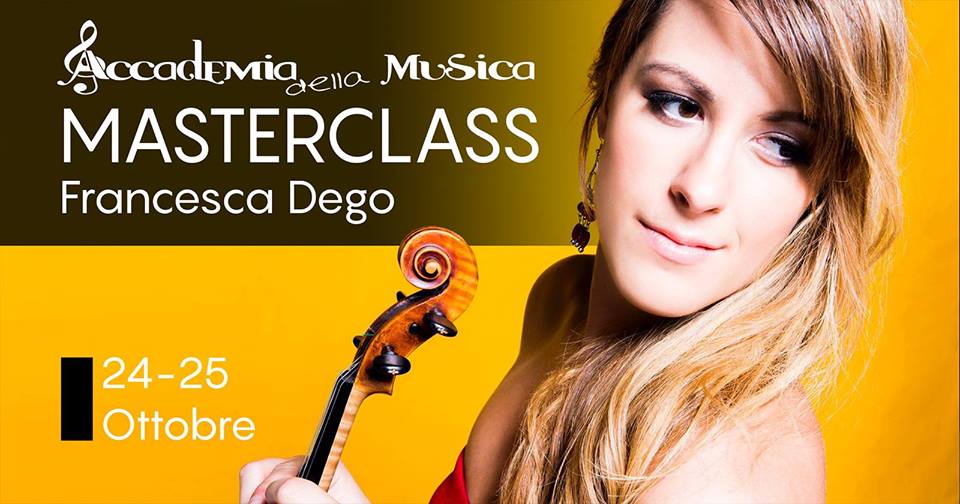 Masterclass con Francesca Dego: donna con violino, fondale giallo, 24-25 ottobre.