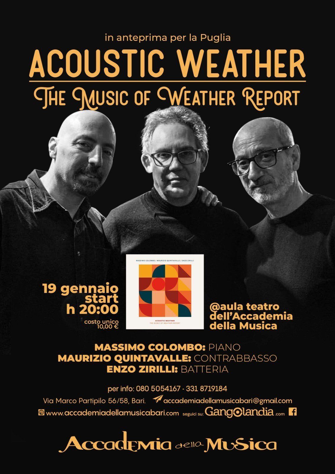 Poster for Acoustic Weather concert. Musicians: Nassino Colombo, Maurizio Quintavalle, Enzo Zirilli. January 19th at Accademia della Musica.