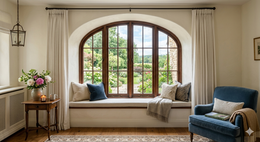 Cozy living room with arched window seat, cream curtains, blue chair, and flowers on a side table