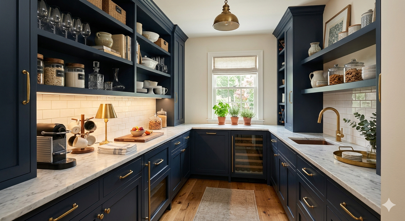 Bright navy-blue kitchen with white countertops, open shelves, brass fixtures, and a window over the sink.