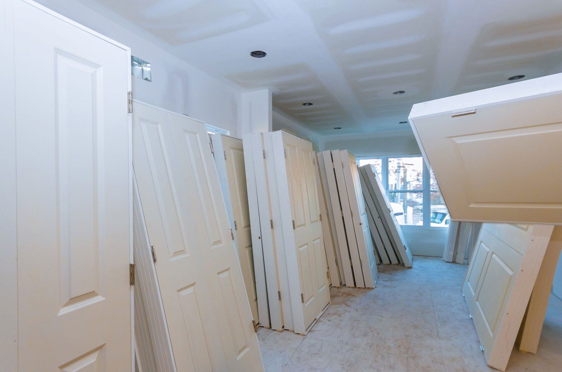 A room with a lot of white doors stacked on top of each other. A room with a lot of white doors stacked on top of each other.