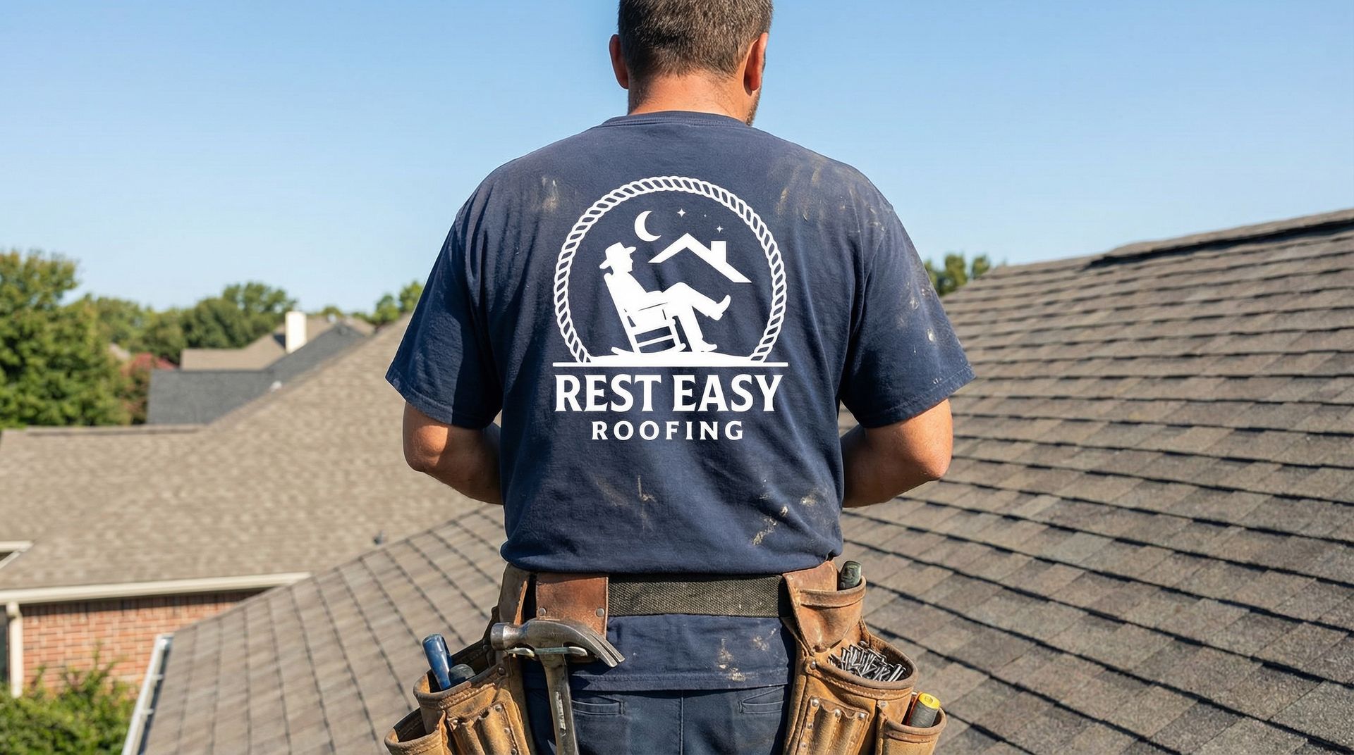 A man is working on the roof of a house next to a truck that says ' roofing ' on it