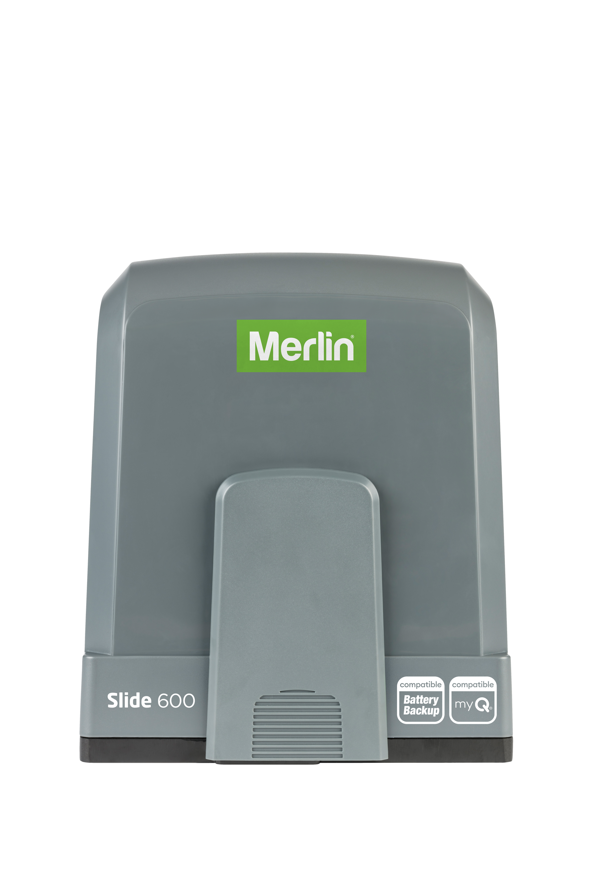 Gray Merlin Slide-o-matic Gate Motor With Green Logo on White Background — Coastal Auto Doors & Gates In Nambour, QLD