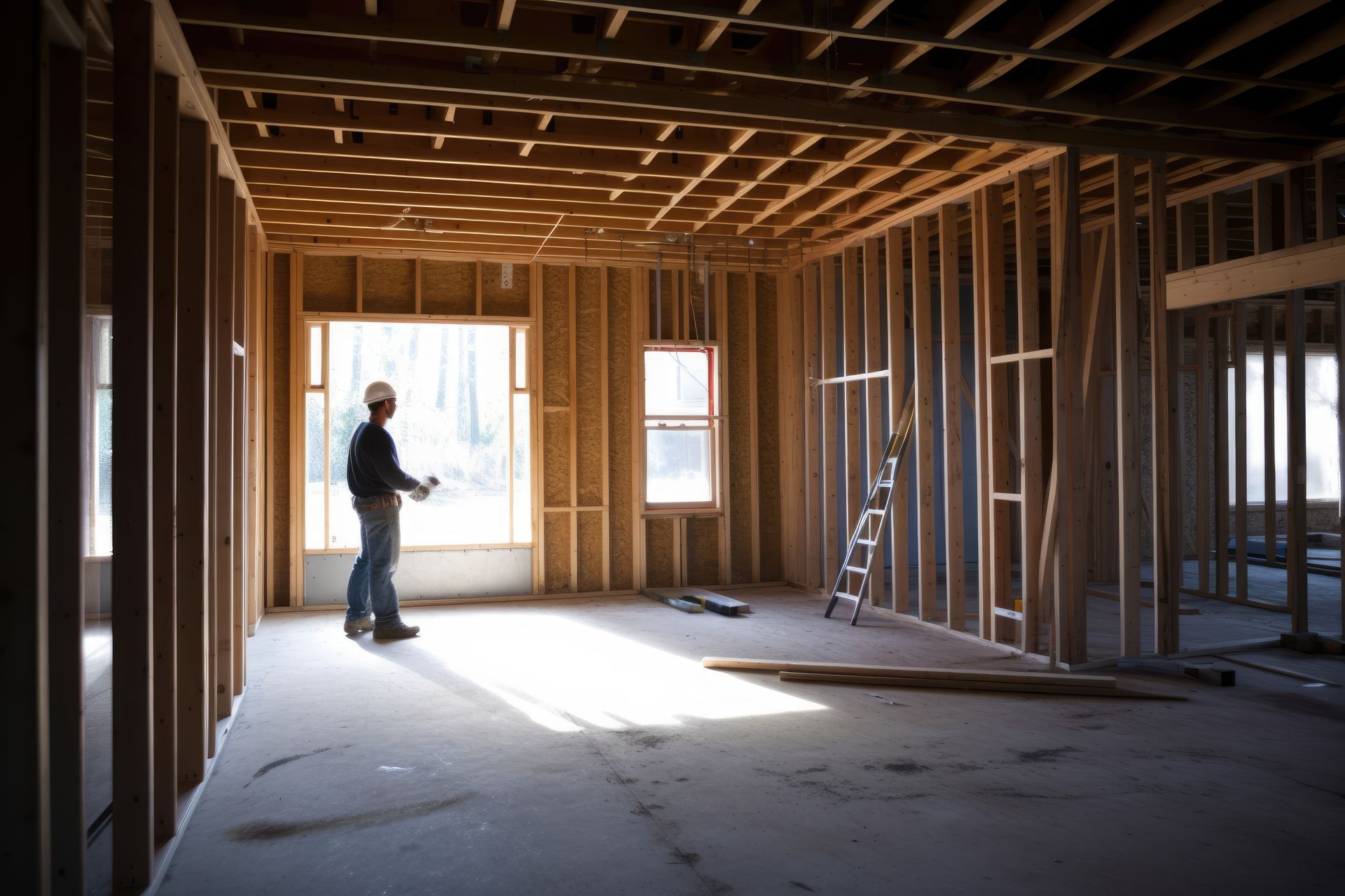 A man is standing in an empty room in a house under construction.