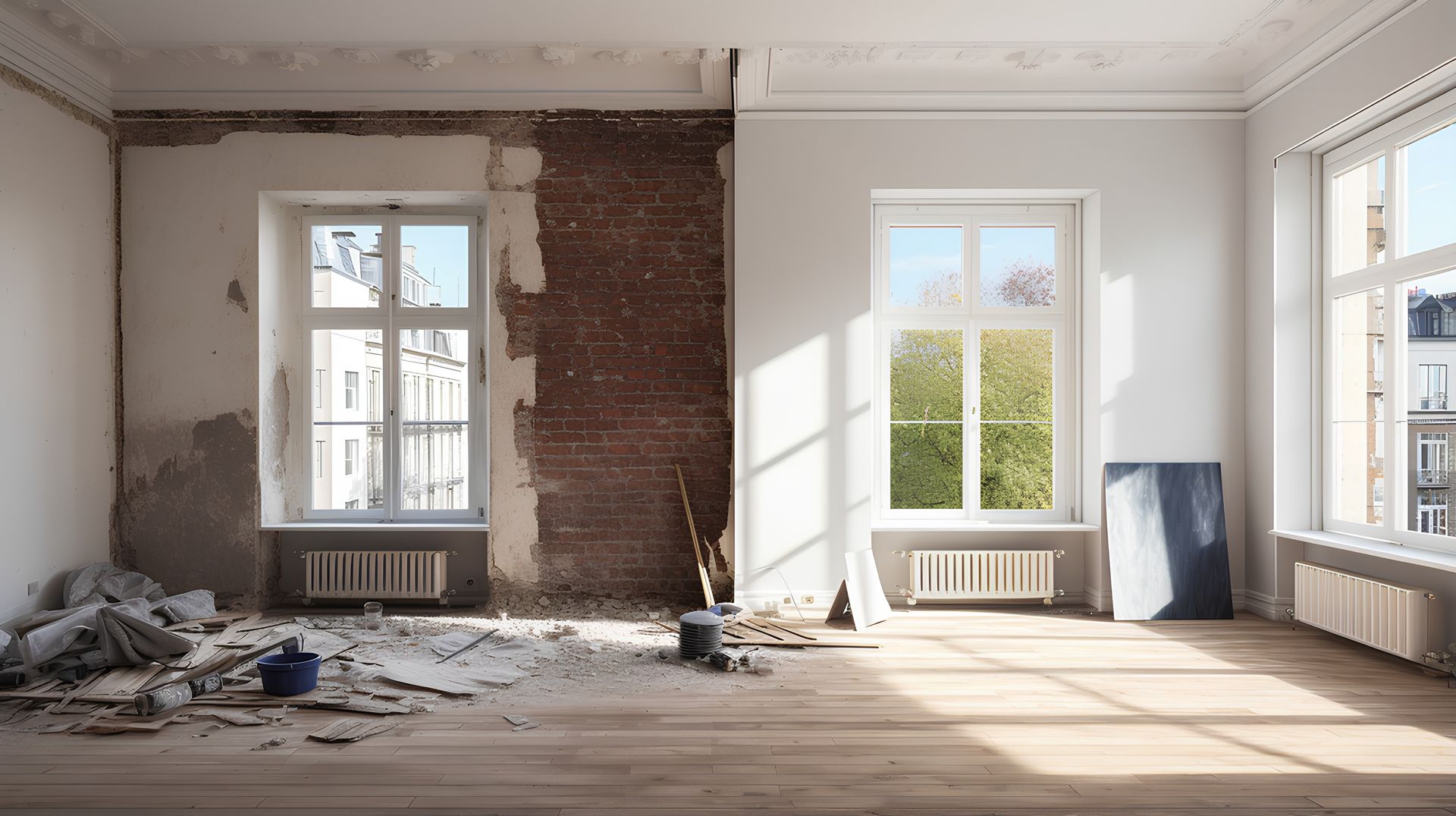 A room that is being remodeled with a brick wall and a wooden floor.