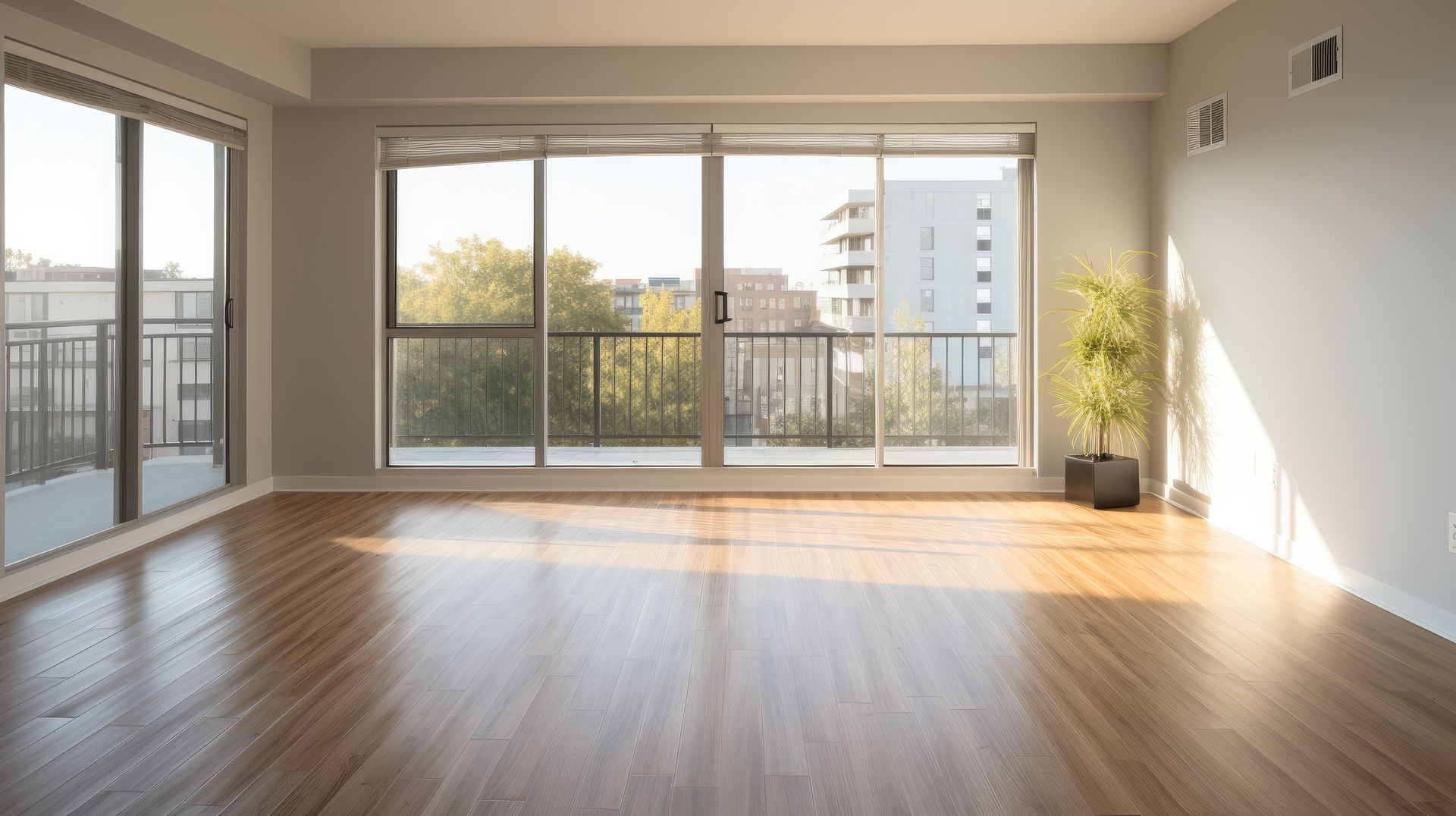 An empty living room with hardwood floors , sliding glass doors , and a balcony.