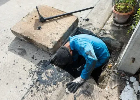 A person in a blue uniform and gloves works inside an open manhole on a concrete sidewalk.