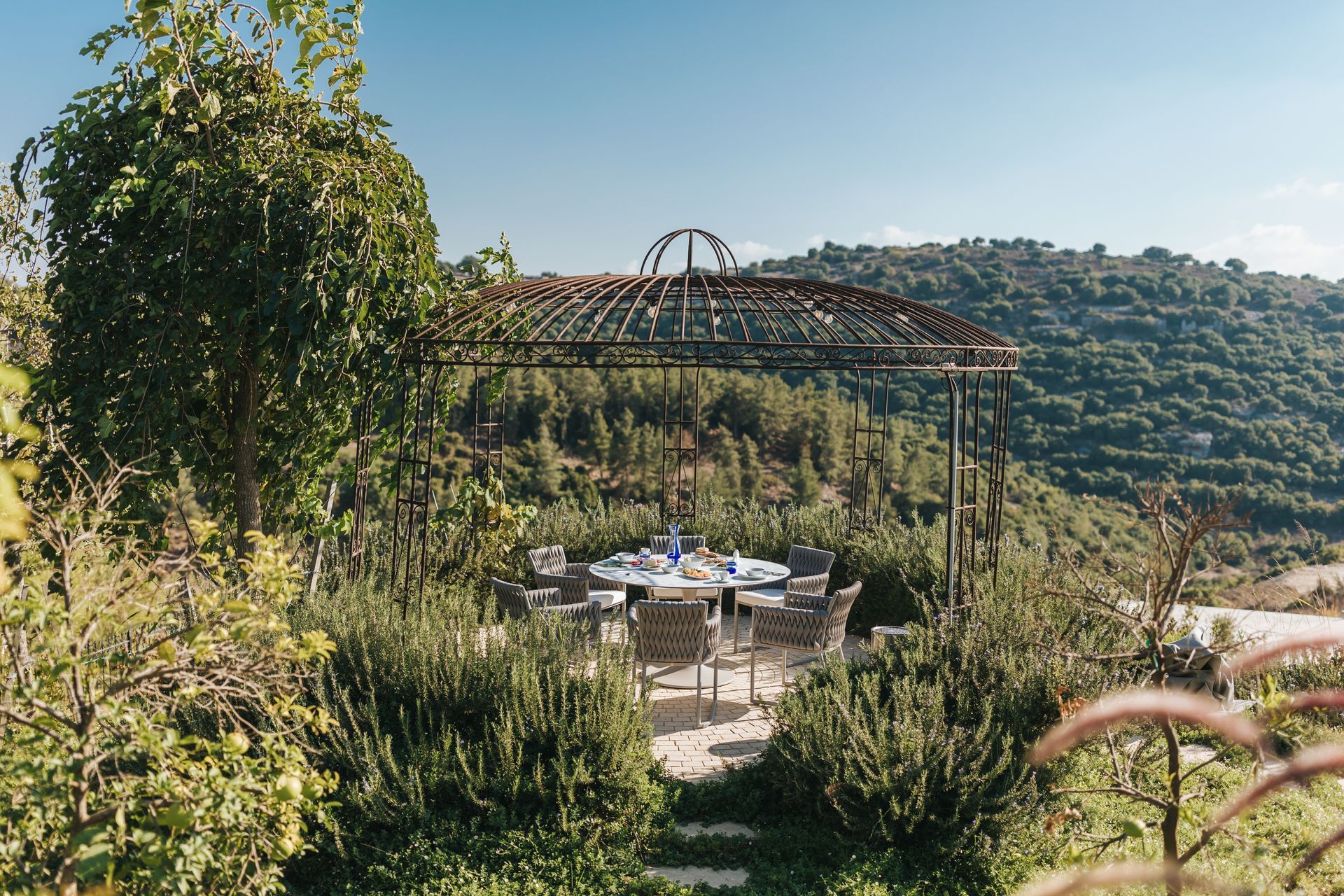Outdoor dining area with a table set for guests under an ironwork pergola, overlooking a forested hillside.