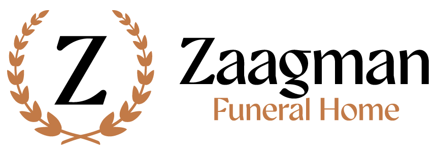 Zaagman Funeral Home logo with black &ldquo;Z&rdquo; in a gold laurel wreath and gold text on a white background