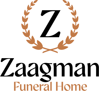 Zaagman Funeral Home logo with black Z inside a brown laurel wreath and the company name below