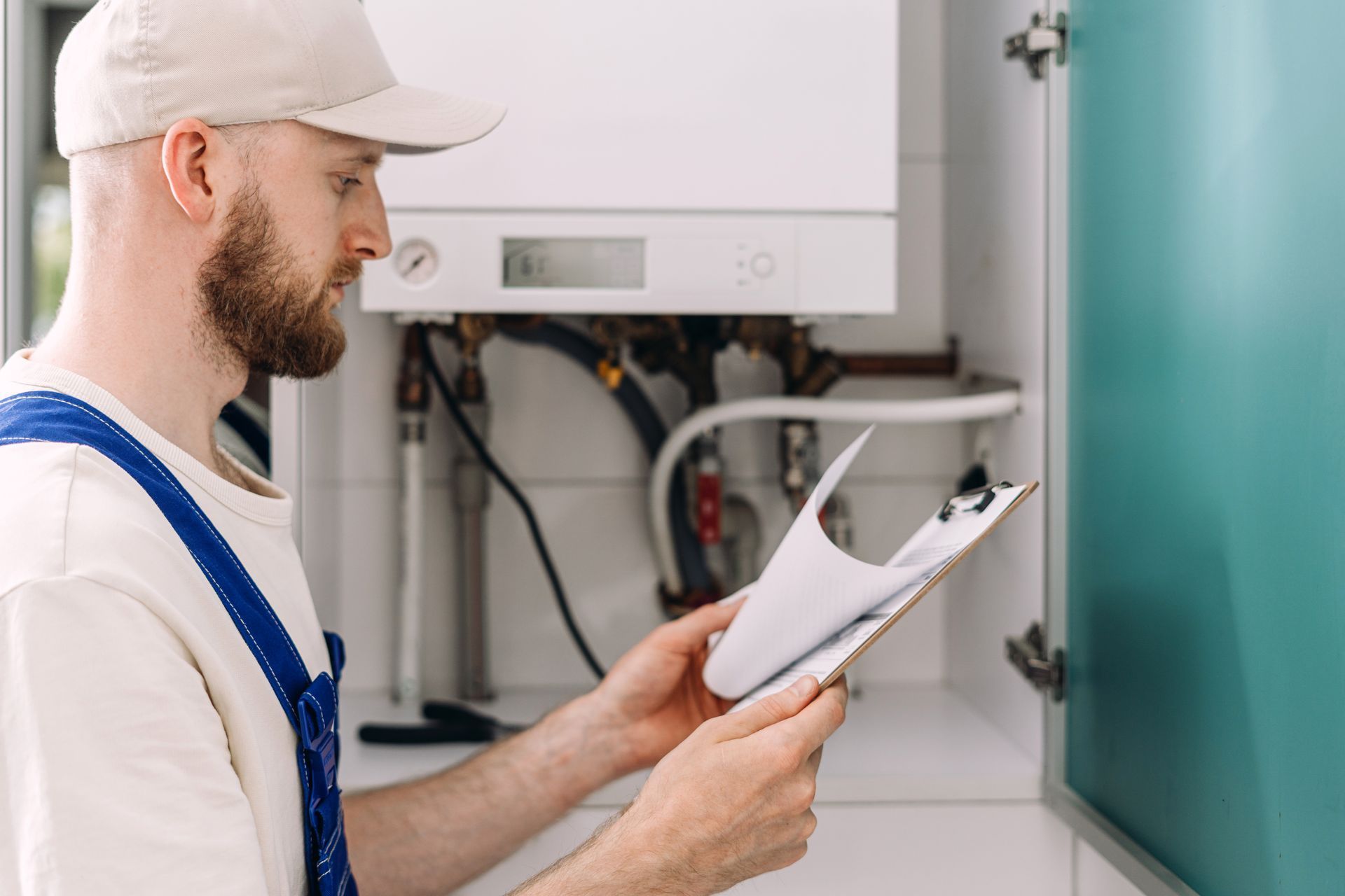 Technician inspecting a boiler system with a clipboard in a utility room