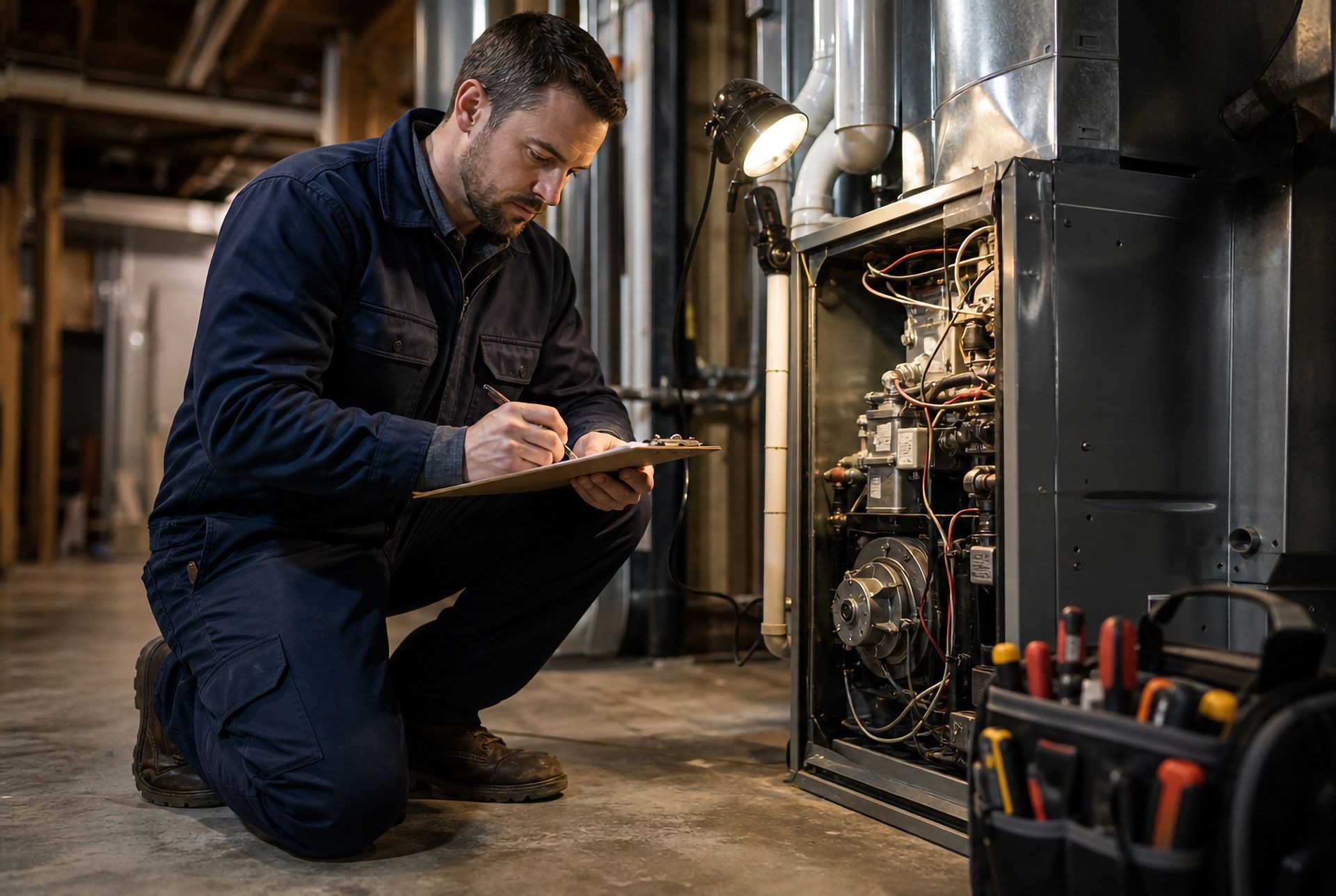Technician performing furnace repair on a home heating system
