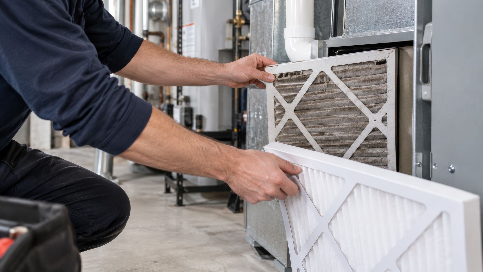 HVAC technician performing furnace system repair on a residential unit HVAC technician performing furnace system repair on a residential unit