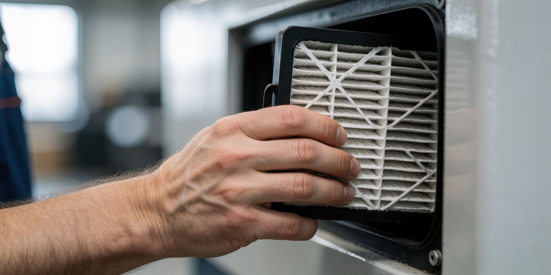 HVAC system repair technician inspecting an aging furnace unit indoors