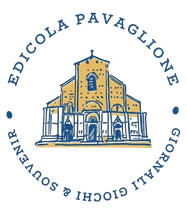 Logo di Edicola Pavaglione, raffigurante la facciata gialla di una chiesa con testo blu disposto in un cerchio.