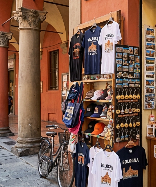 Esposizione di souvenir con magliette e borse accanto a una bicicletta in un porticato arancione.
