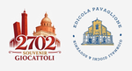 Due loghi: quello rosso con la scritta 2702 souvenir giocattoli e la cattedrale, e quello blu con il sigillo di Epicola Pavillons e l'edificio.