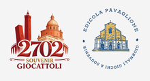 Due loghi: quello rosso con la scritta 2702 souvenir giocattoli e la cattedrale, e quello blu con il sigillo di Epicola Pavillons e l'edificio.