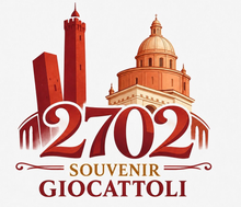 Logo rosso con le scritte “2702” e “SOUVENIR GIOCATTOLI”, raffigurante edifici cittadini e una cupola.