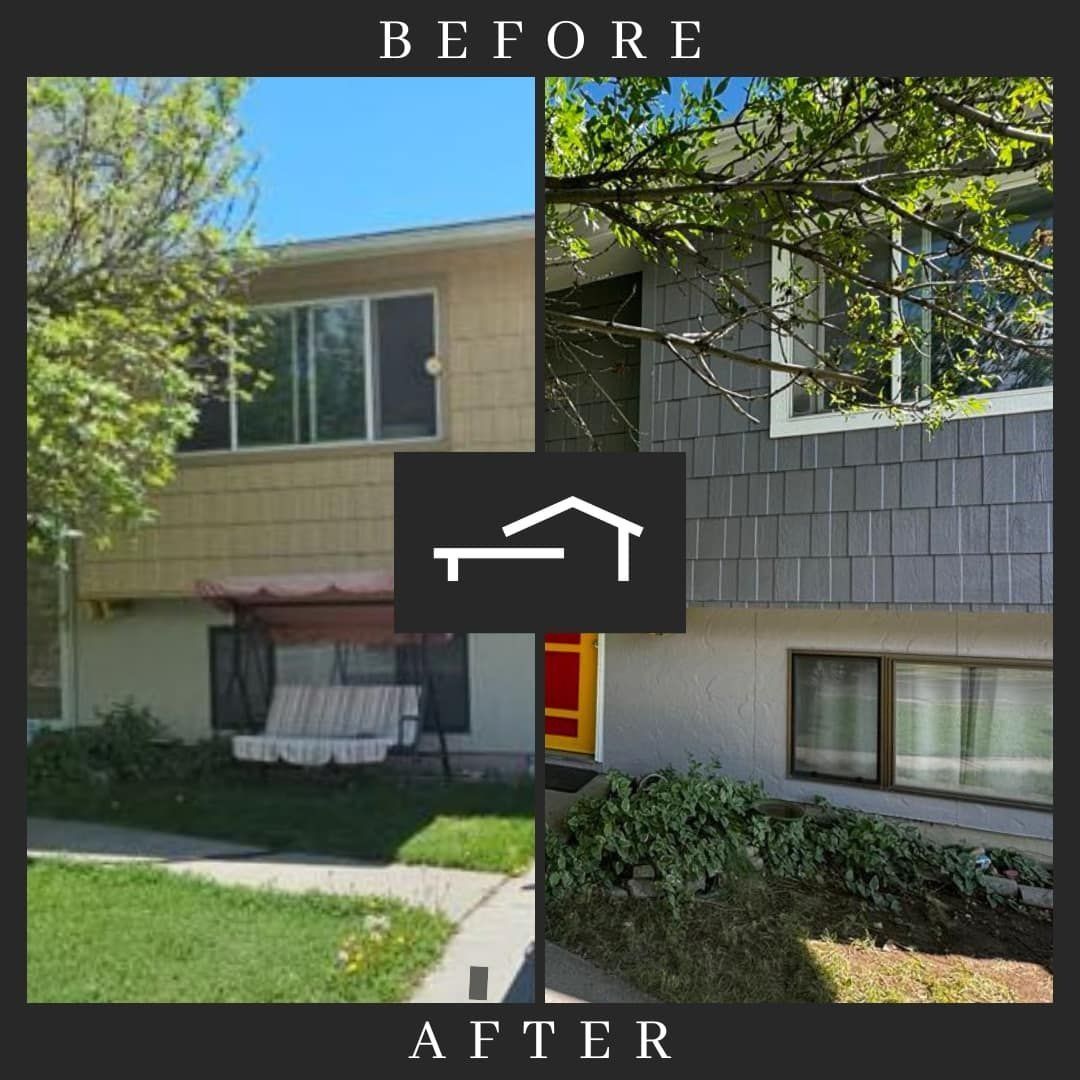 Before-And-After Split View of A House Exterior with A Wheelchair-Accessibility Icon Over the Center in Twin Falls, ID