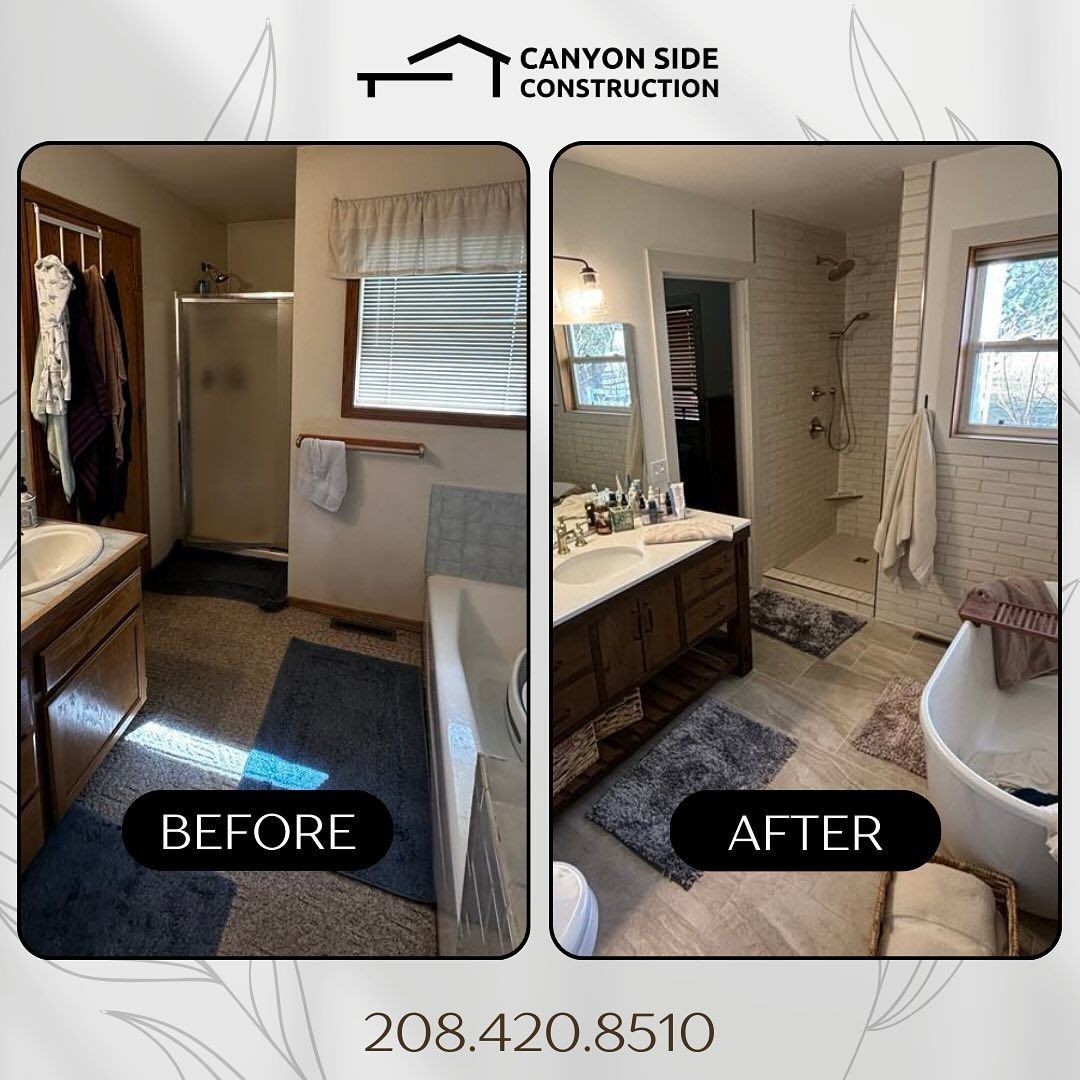 Before-And-After Bathroom Remodel Showing Updated Vanity, Mirror, Tile, and Bathtub in Twin Falls, ID