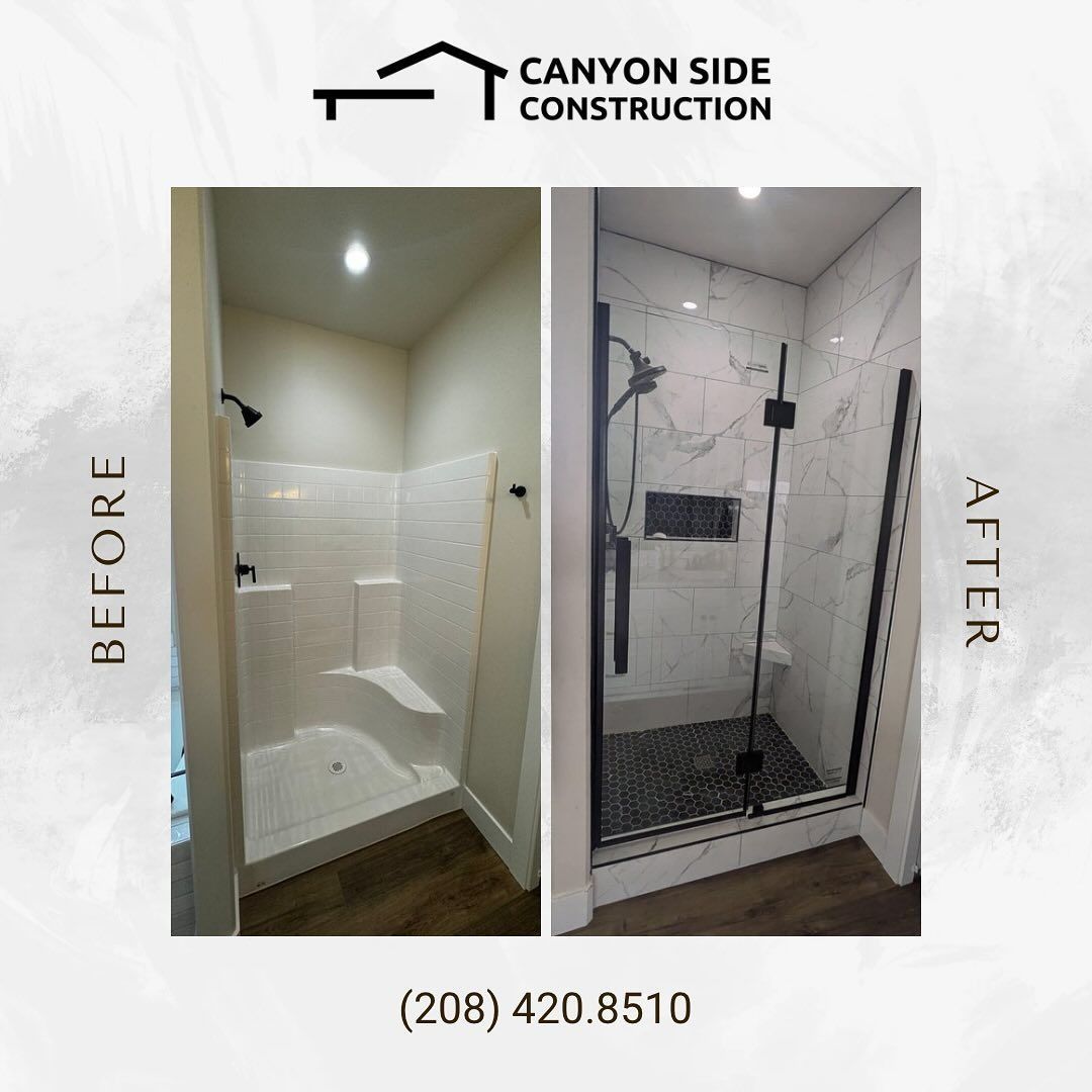 Before-And-After Bathroom Shower Showing White Tub Replaced with Glass Walk-In Shower in Twin Falls, ID