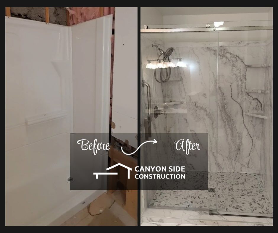 Before-And-After Shower Remodel with White Tile and Marble-Look Wall Panels in Twin Falls, ID