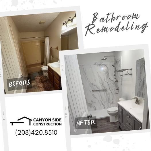 Before-And-After Bathroom Remodeling Collage with Beige Hallway and Gray Marble Shower in Twin Falls, ID
