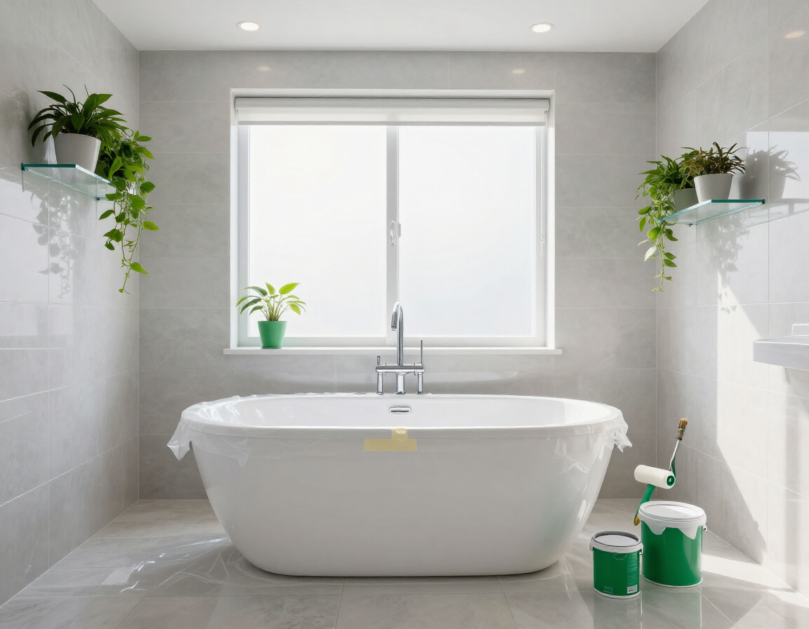 Baño moderno y luminoso con bañera blanca, ventana y plantas verdes en estantes y en el suelo.