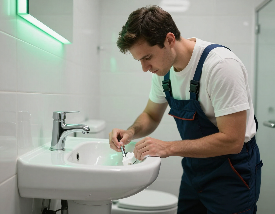 Un hombre limpia con un trapo un lavabo blanco, de pie junto a un inodoro en un baño con azulejos.
