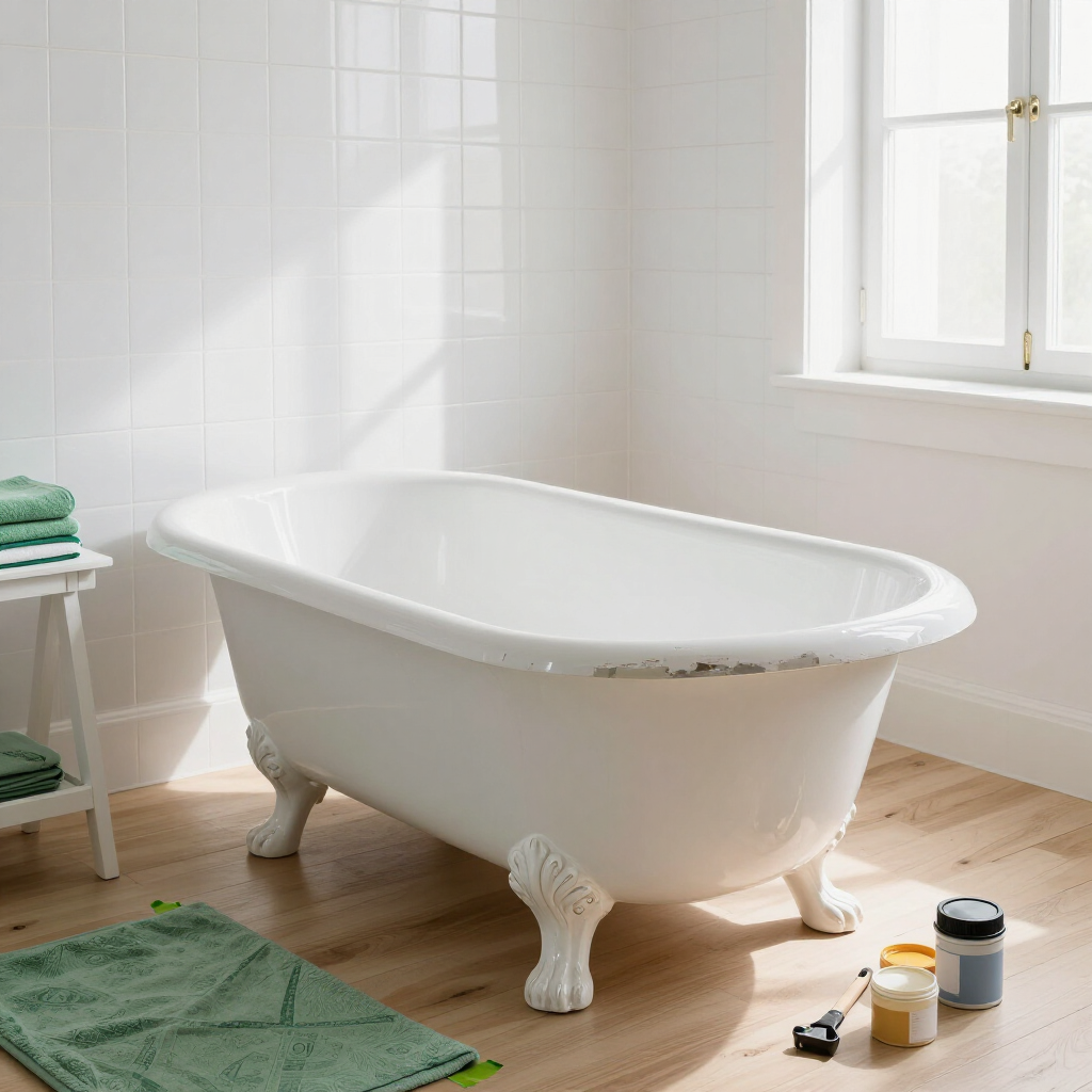 Baño luminoso con bañera blanca con patas, toallas verdes y luz natural que entra por la ventana.