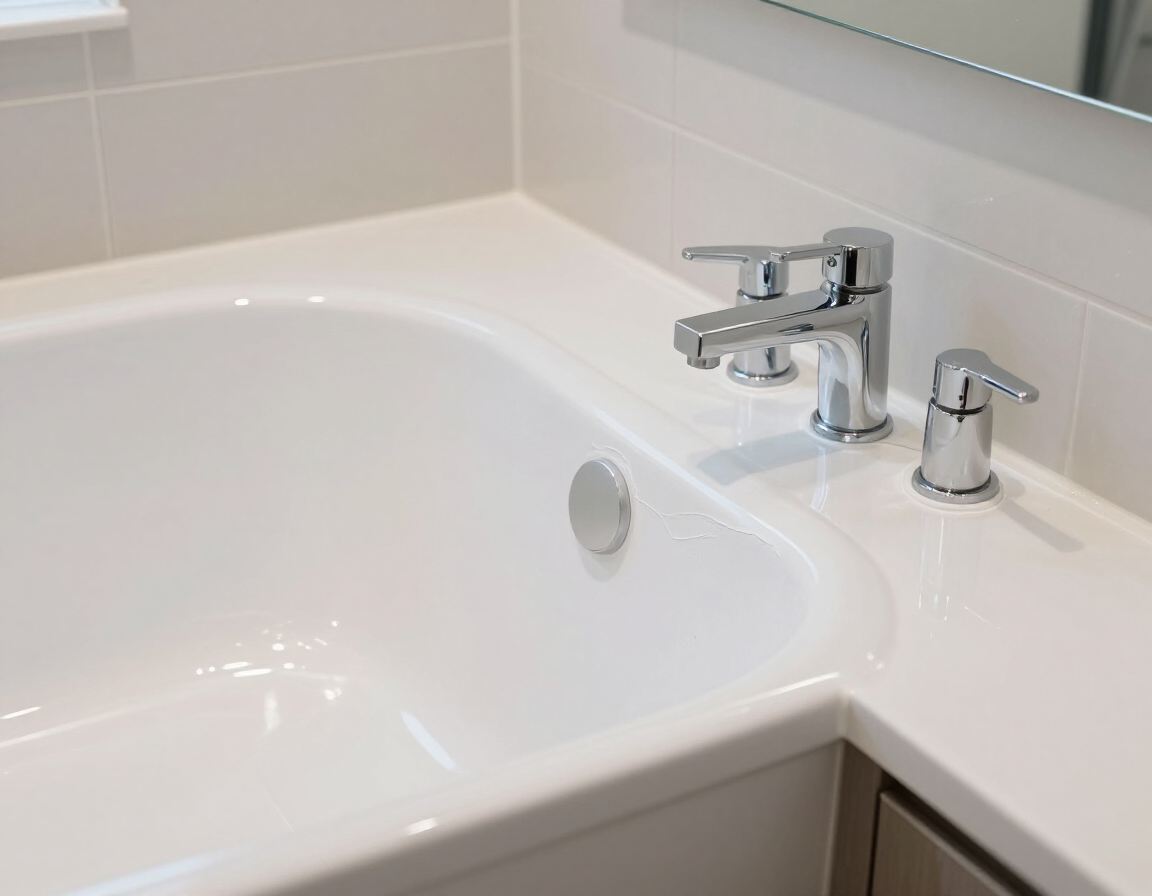 Lavabo y bañera de esquina blancos con grifo cromado y dispensador de jabón.