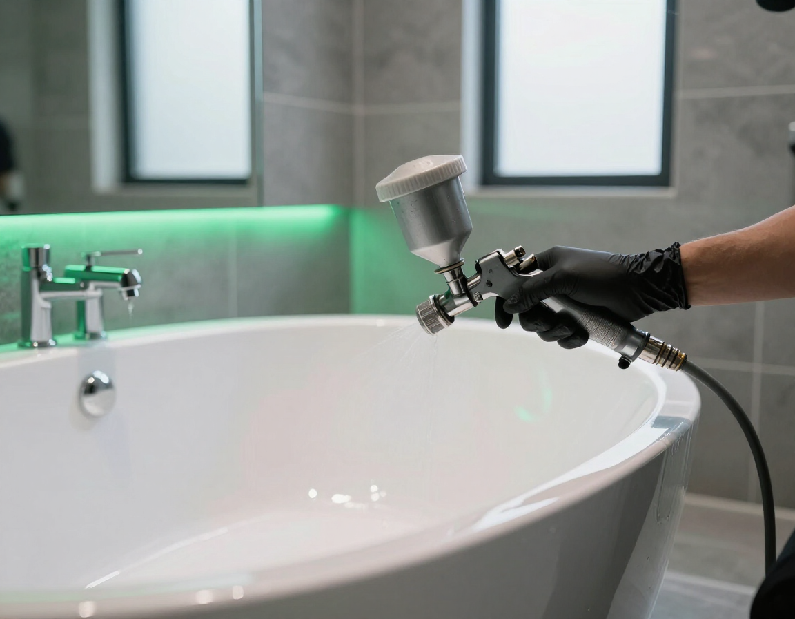 Una mano enguantada rocía una bañera blanca con solución limpiadora en un baño moderno.