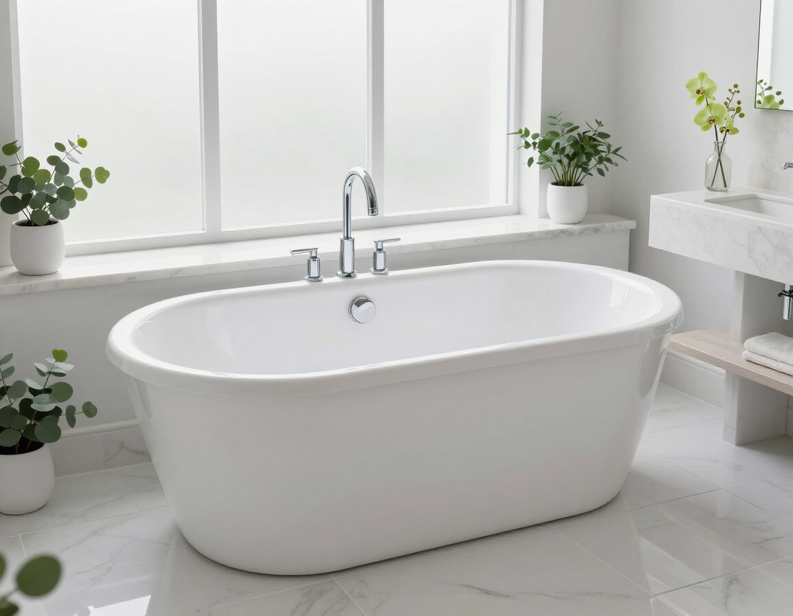 Baño moderno blanco con bañera independiente, grifo cromado y plantas en macetas junto a ventanas luminosas.
