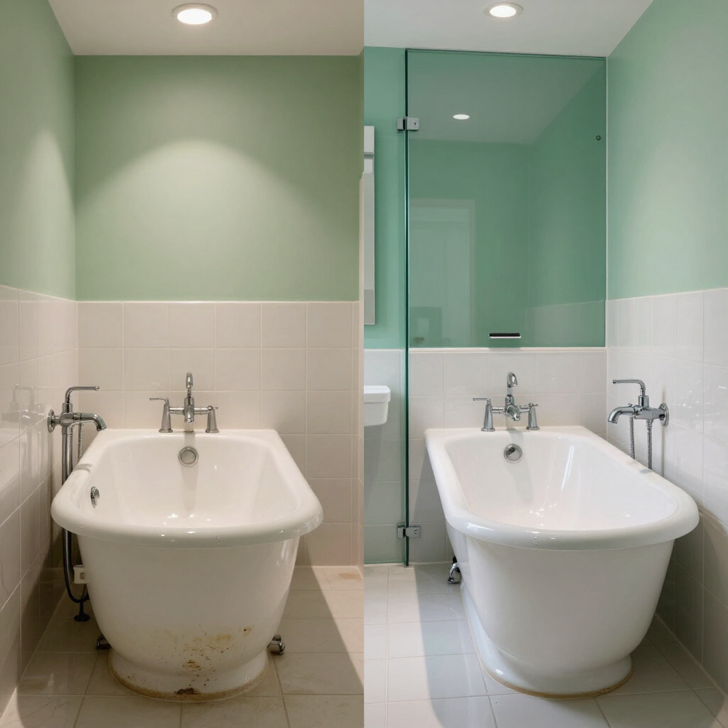 Baño público con dos bañeras blancas, lavabos y paredes revestidas de azulejos verdes y blancos.