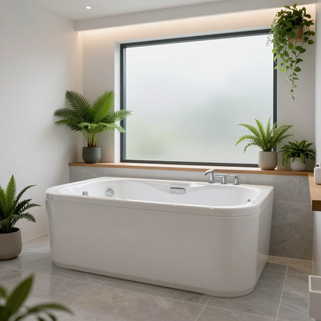 Baño moderno con una bañera blanca debajo de una gran ventana y plantas en macetas.
