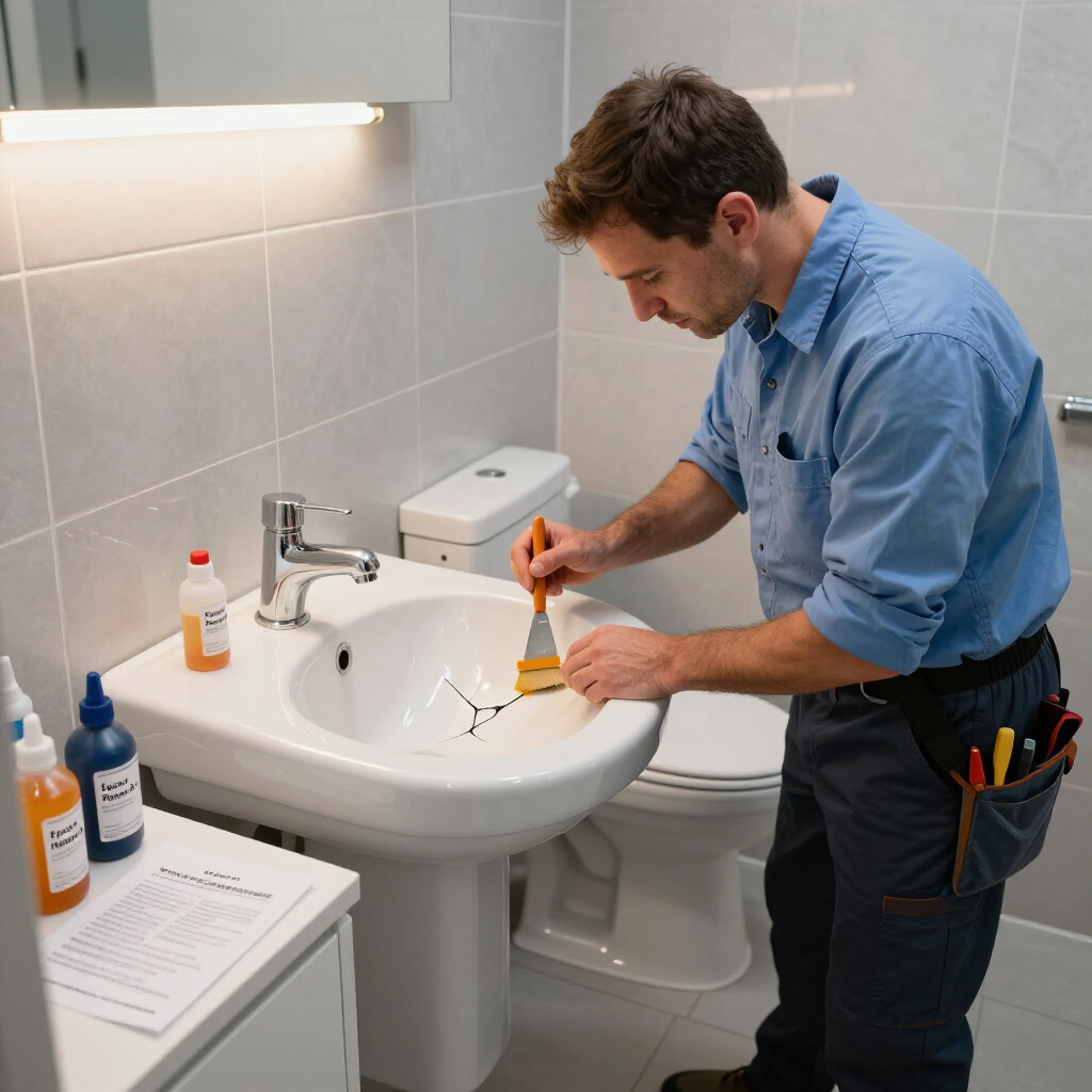 Hombre con camisa azul limpiando un lavabo con una esponja y un pulverizador.