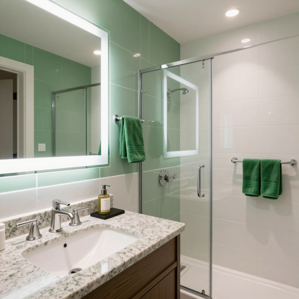 Baño moderno con tocador de granito, espejo grande, ducha de cristal y toallas verdes.