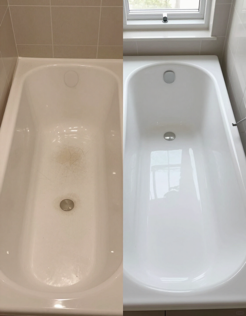 Comparación lado a lado de una bañera beige y una blanca en un baño.