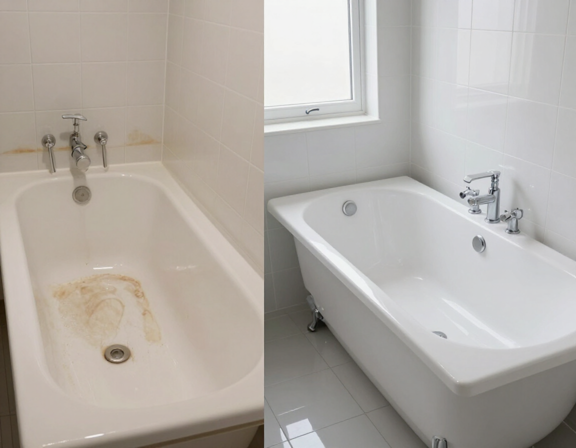 Dos bañeras blancas en un baño, una manchada y otra limpia, mostradas una al lado de la otra.