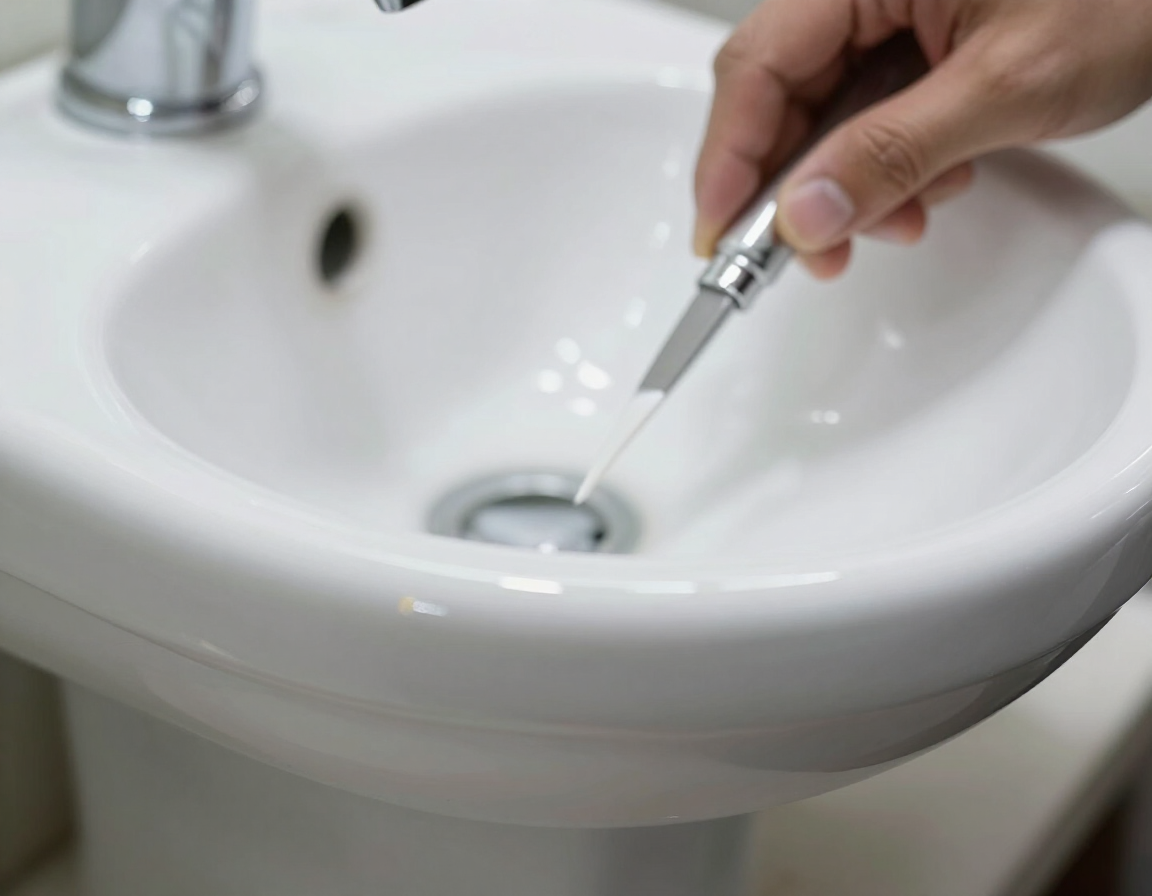 Colocación manual de un grifo en el desagüe de un lavabo blanco de baño.